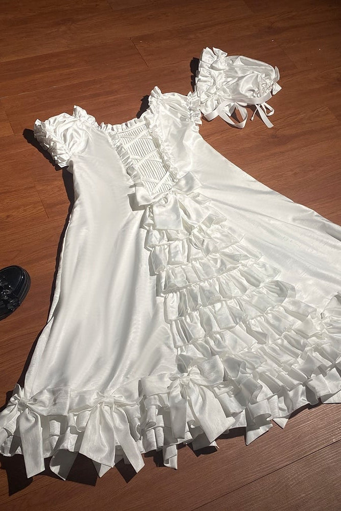 [November 15 Reservation Deadline] White Doll Style Front & Back Two-Way Ruffle Ribbon Lolita Dress (Short/Long) + Matching Shorts (Short/Long) + BB Hat