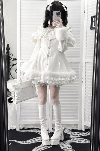 【11月13日予約締切】White Pearl Bow-Tie Fur Coat With Detachable Cape And Fur Cuffs