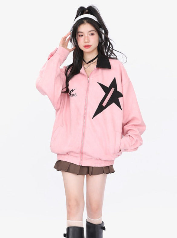 Trendy suede star patch loose jacket