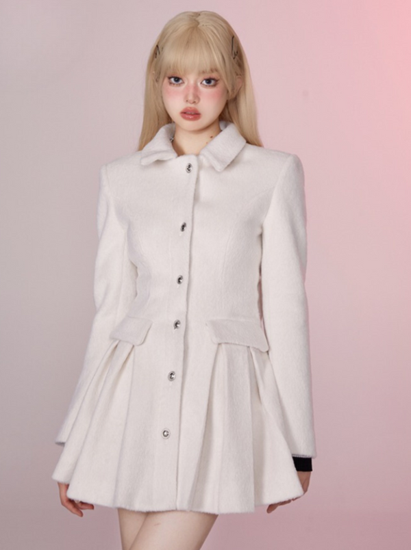 French milk middle pleated wool coat