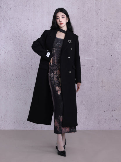 Korean college style wool double breasted long coat