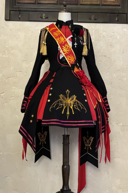 [Pre-order] Black and Red Military Gothic Lolita Asymmetrical Dress + Top + Sash + Brooch Set