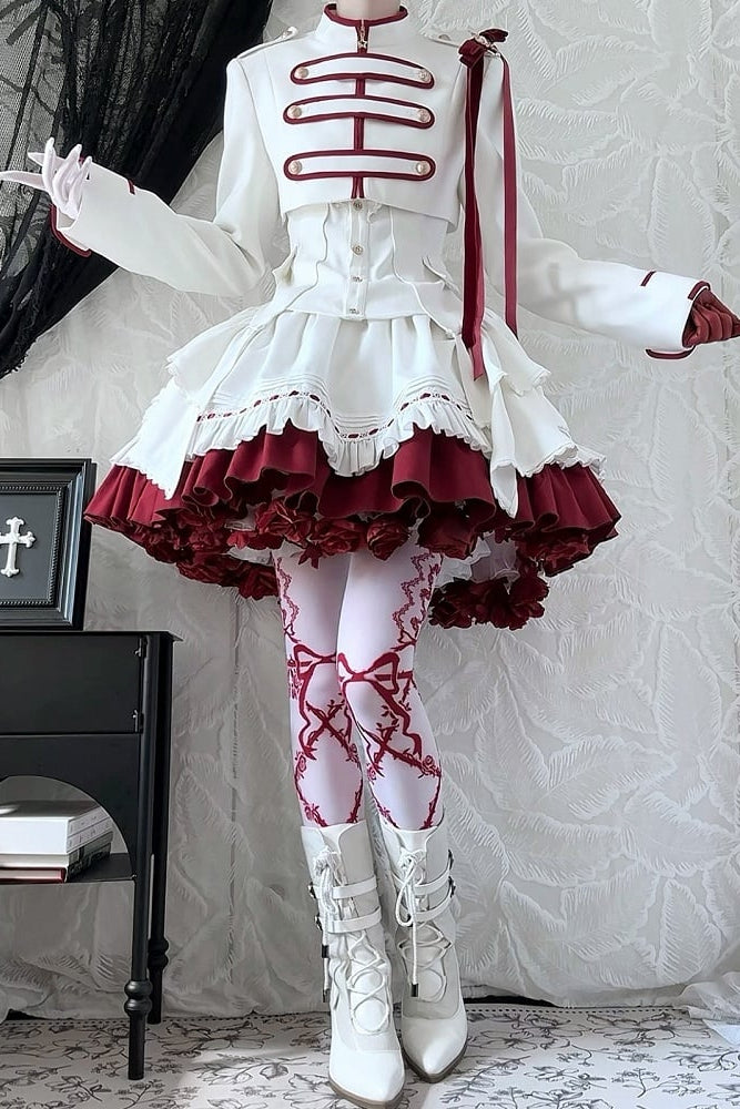 【9月13日予約締切】White Burgundy Military Ruffle Lolita Jacket (with epaulet bow) + Shirt + Short Skirt Set / Shorts Set + Complete set 1/2 (Officer cap + Leg covers + Sash)