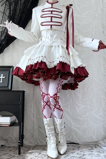 【9月13日予約締切】White Burgundy Military Ruffle Lolita Jacket (with epaulet bow) + Shirt + Short Skirt Set / Shorts Set + Complete set 1/2 (Officer cap + Leg covers + Sash)