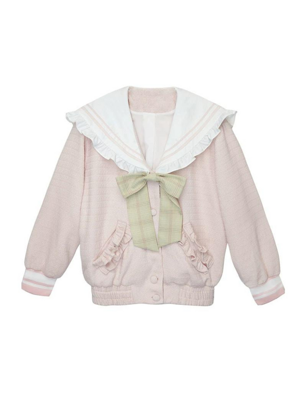 カレッジスタイルネイビーカラーベースボールフリルセーラーレザージャケット