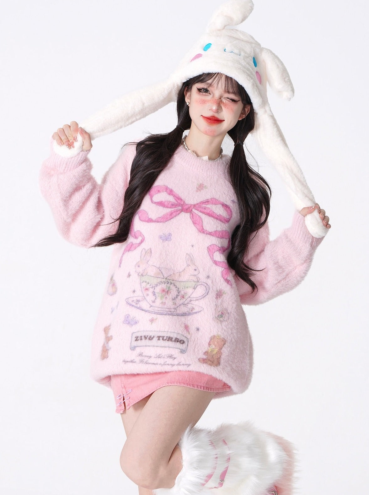 Ribbon Print Teacup Bunny Knit