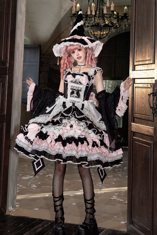 [Date limite de précommande : 14 septembre] Ensemble complet Gothic Black Pink Witch : robe JSK à croix + grande traîne à nœud + cape à capuche + manches amovibles + chapeau de sorcière + manches extérieures