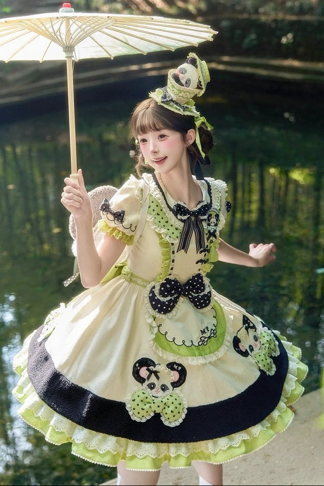 [Pre-order Deadline: October 25] Pink/Green Chinoiserie Lolita Sweet Panda Appliqué Puff Sleeve Polka Dot Bow Apron Dress