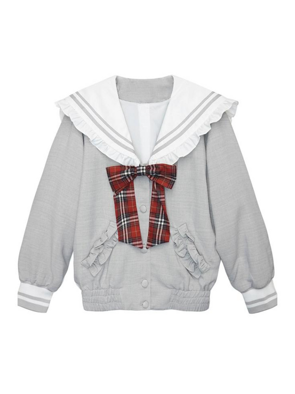 カレッジスタイルネイビーカラーベースボールフリルセーラーレザージャケット