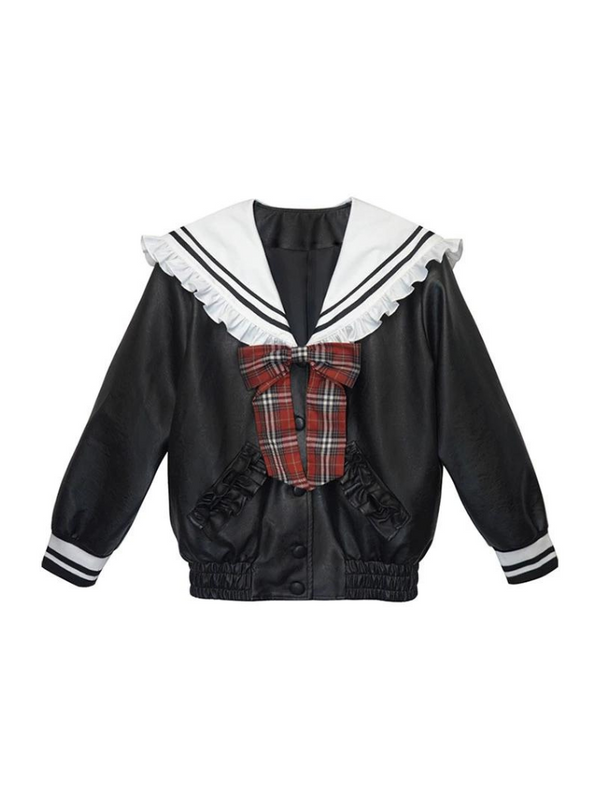 カレッジスタイルネイビーカラーベースボールフリルセーラーレザージャケット