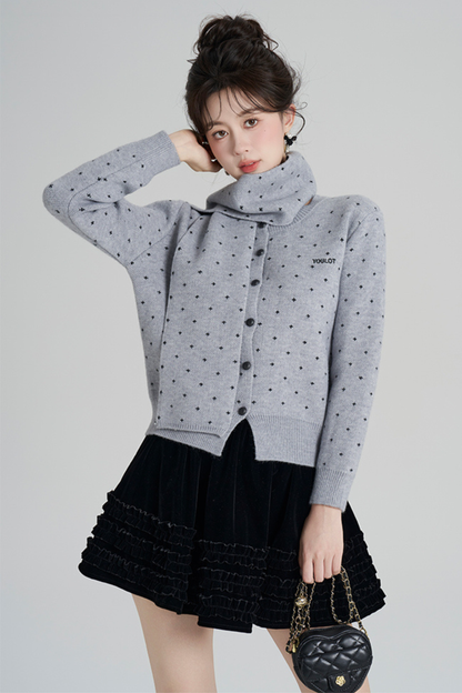 フレンチスタイルドットマフラー付きンカーディガン