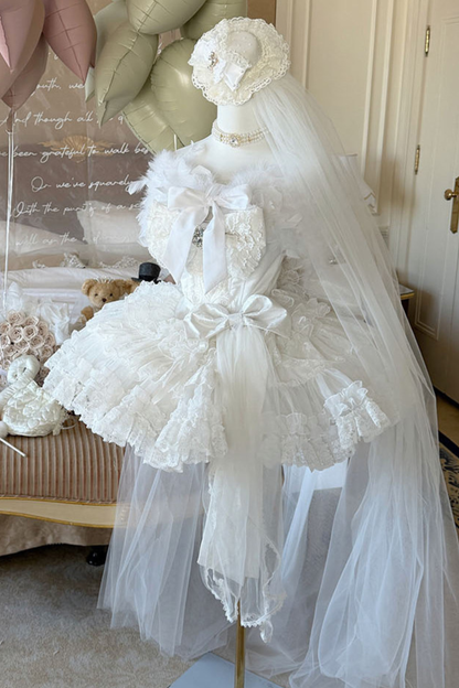 [Vorbestellung bis 4. April]Weißes Feder-Zeremonienkleid + Schal + Schwanz + Schleier + Schleife + Ärmel