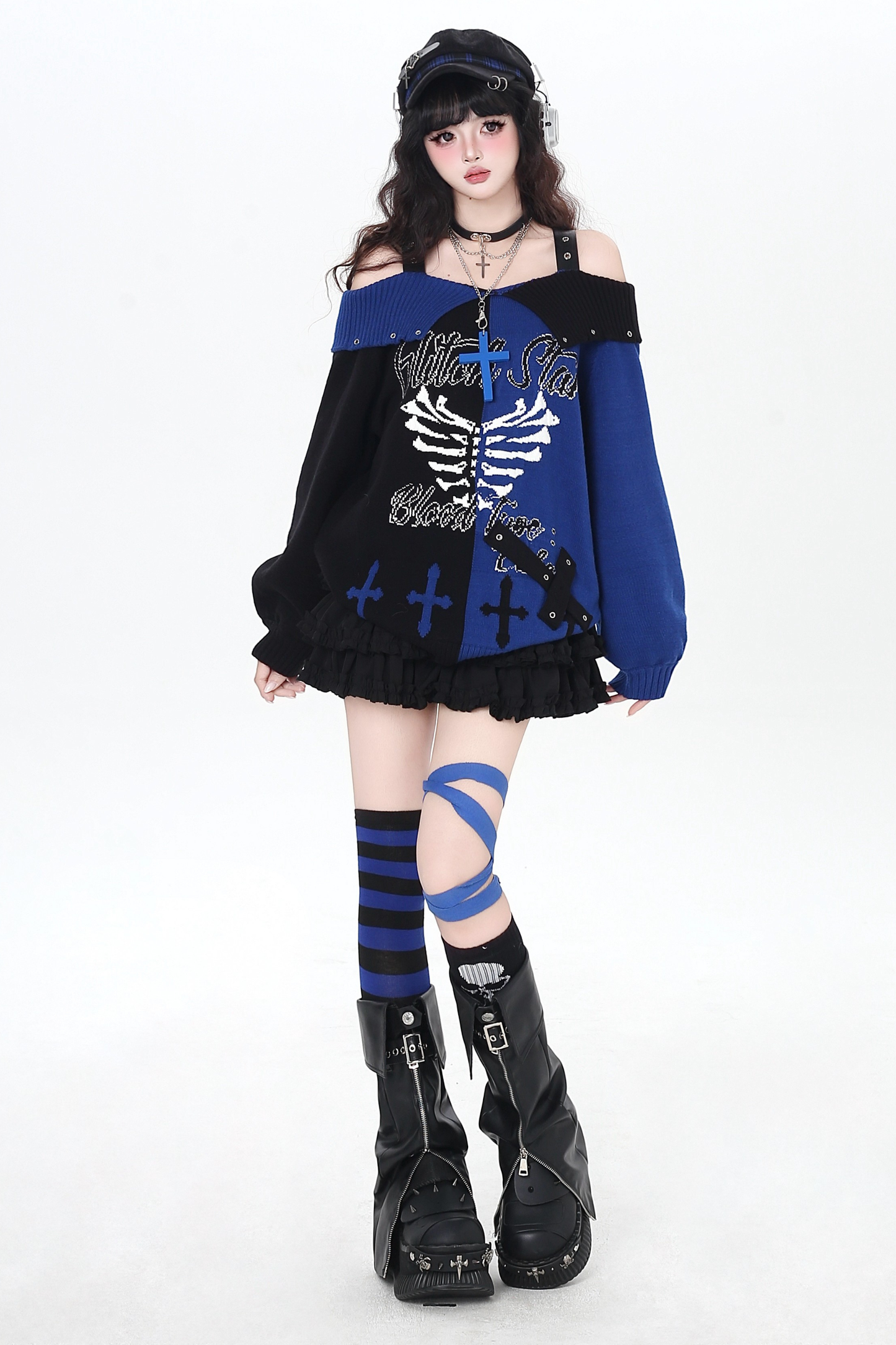 スカルボーンゴシックオフショルダートップス+スカーフ