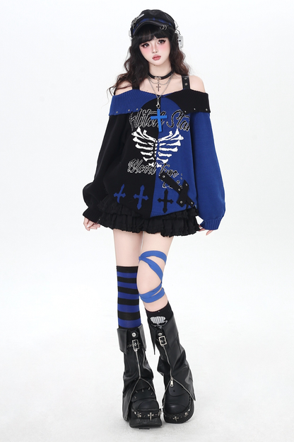 スカルボーンゴシックオフショルダートップス+スカーフ