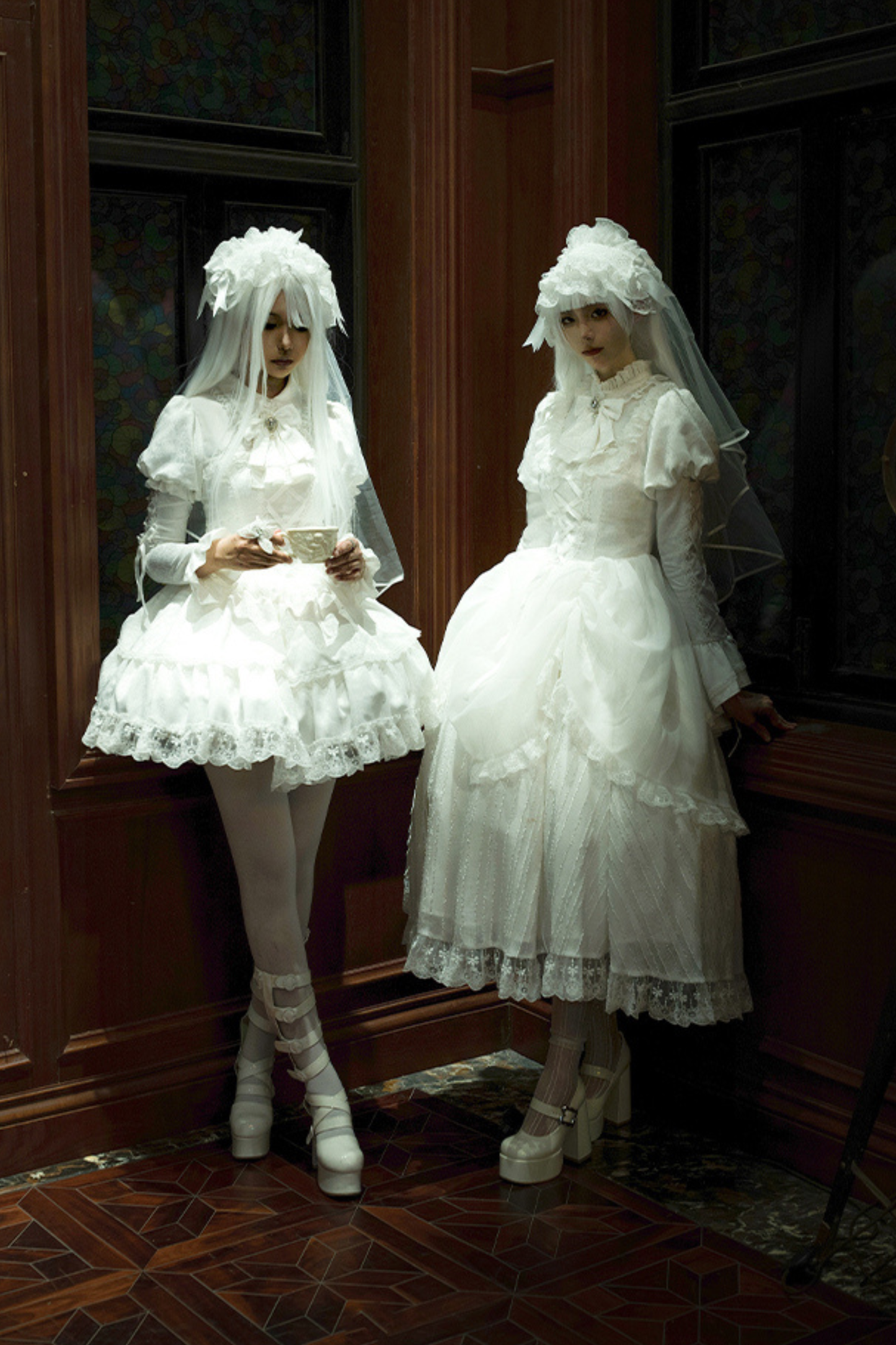 White gothic gemini Lolita dress + corset + ribbon + hair band + veil