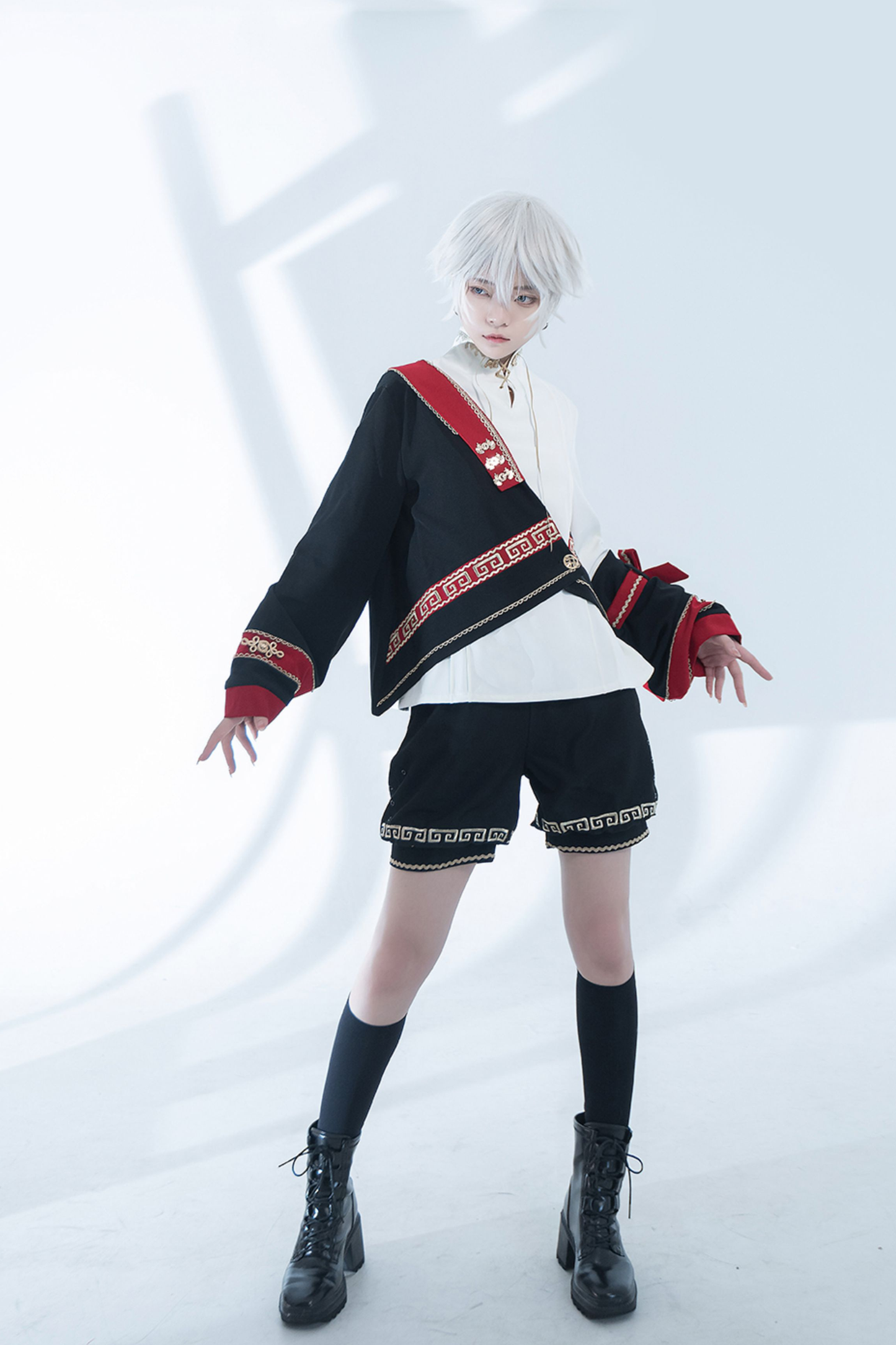 レトロスタンドカラーシャツ+ハーフパンツ+ジャケット