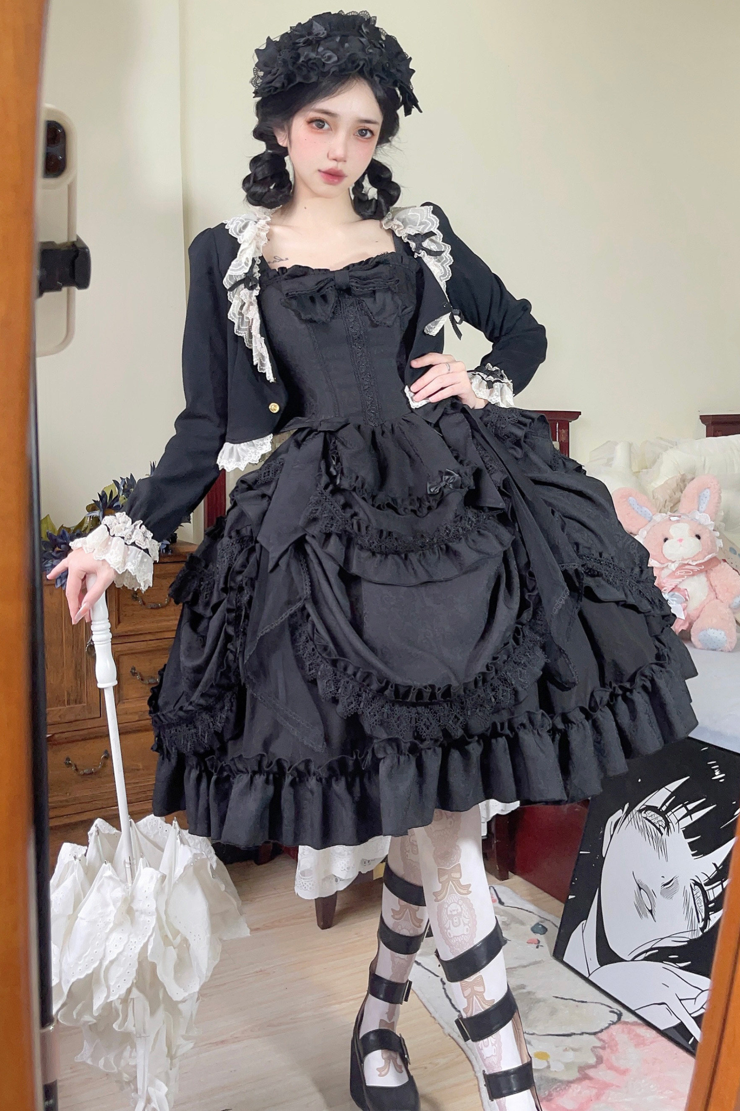 Dark Gothic Ribbon Lolita Dress + Waist Belt + Train + Hairband