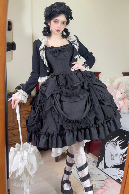 Dark Gothic Ribbon Lolita Dress + Waist Belt + Train + Hairband