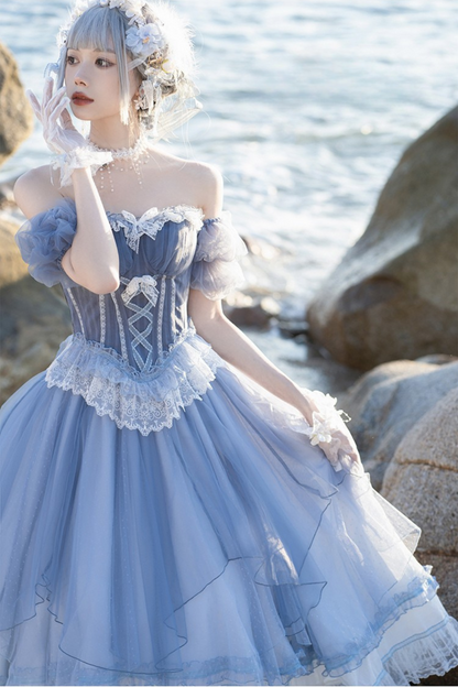 [Reservation Deadline: March 18] Gradient Blue Elegant Split Bustier Dress Setup + Accessories