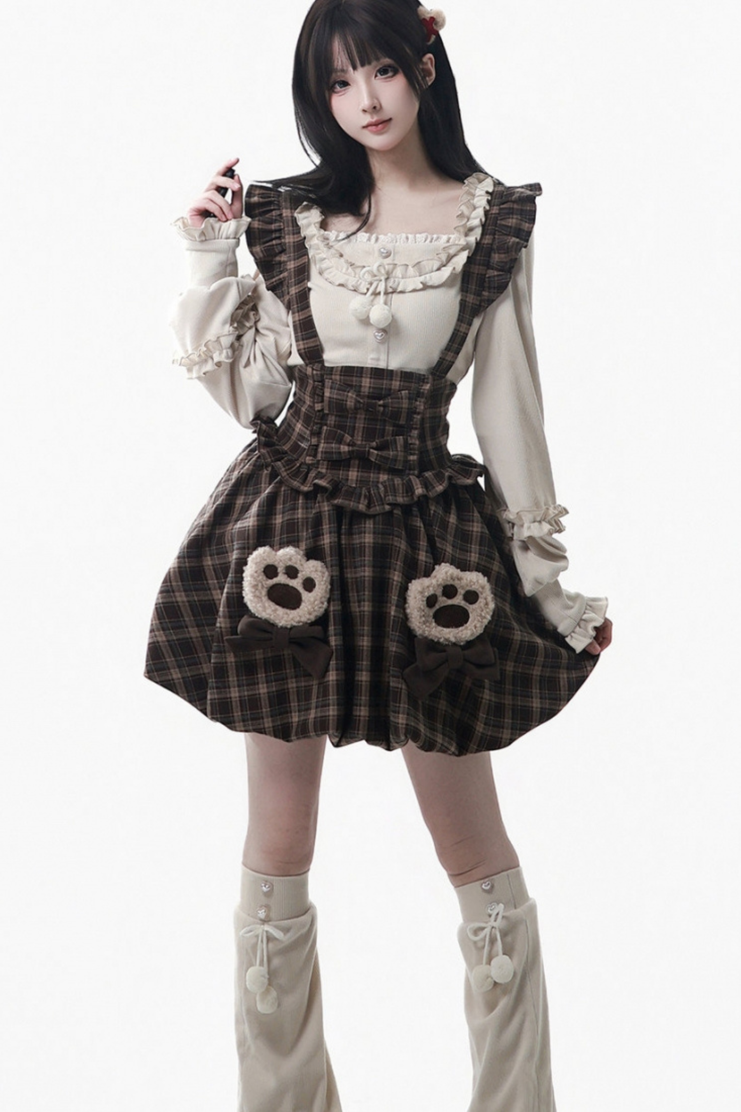 ベルベットベアフードケープ+トップス+サスペンダースカート+レッグカバー