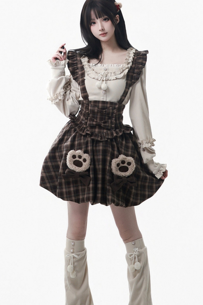 ベルベットベアフードケープ+トップス+サスペンダースカート+レッグカバー