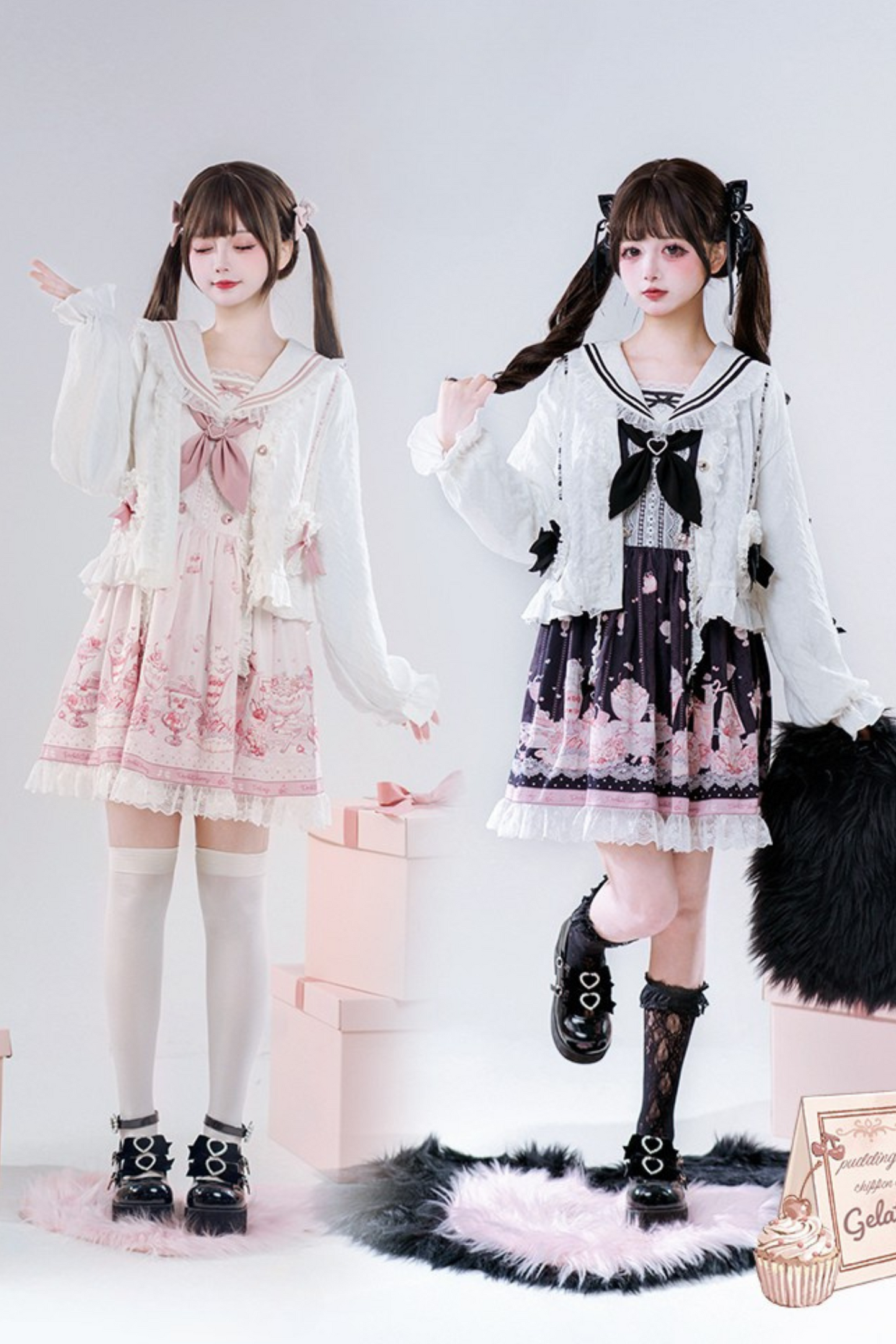 Sailor Color Sweetheart Print Dress + V-Neck Frilled Knit Cardigan