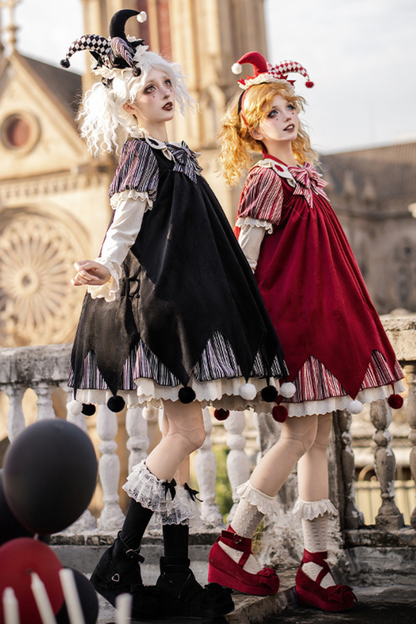 ドールサーカスピエロロリータドレス+カチューシャ+ベルト+リボン+カチューシャ+バッフル
