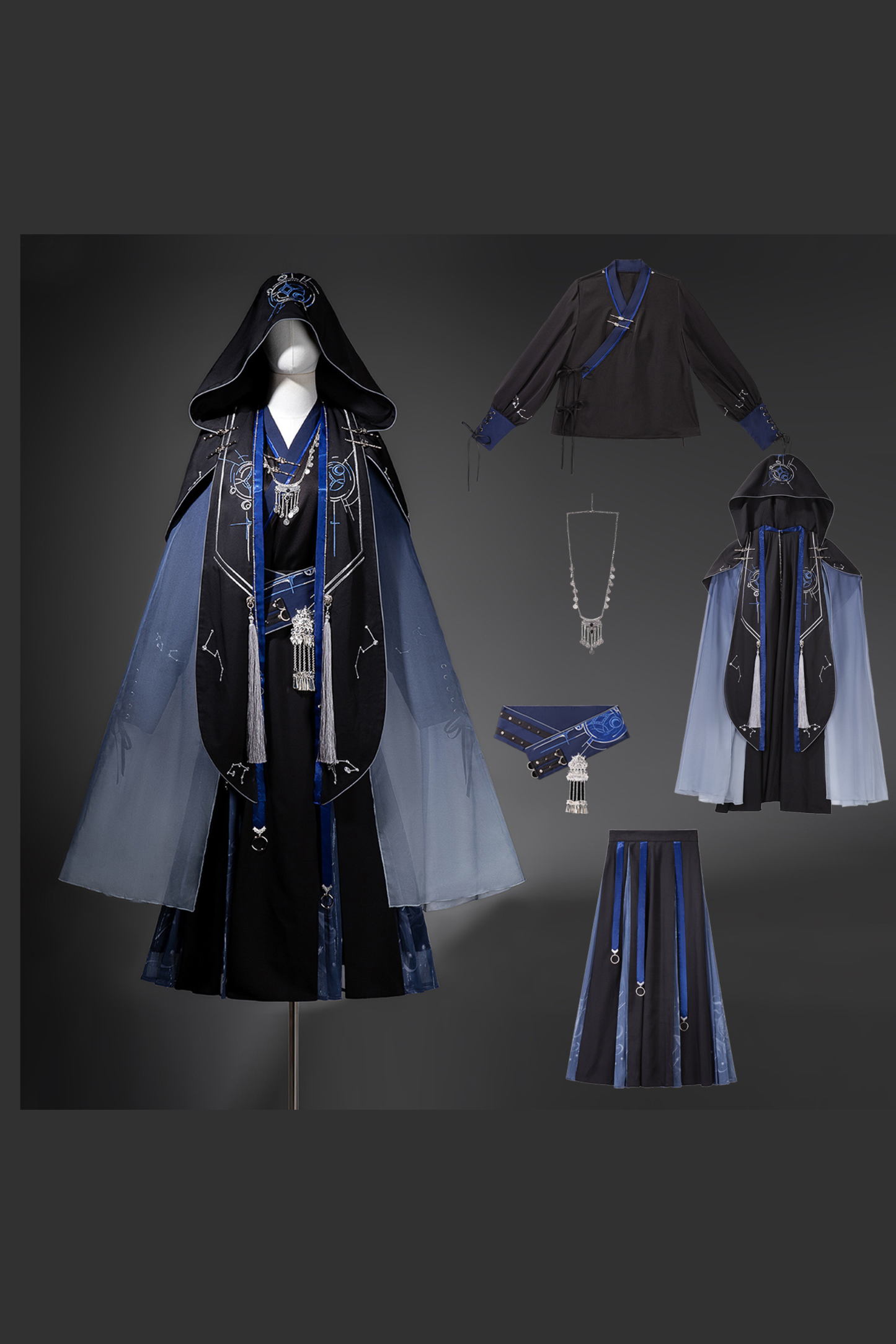 Dark china hooded top + belt + cape + necklace + skirt