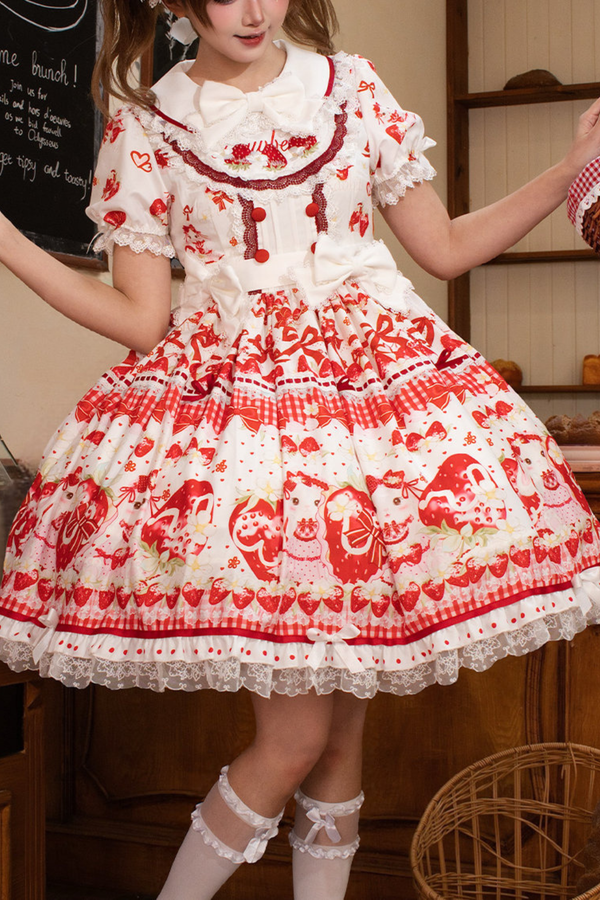 レッドベリーロリータドレス+リボン+ヘアバンド