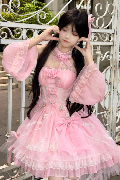 Flower Tube Top Lolita Dress + Sleeve + Head Accessories