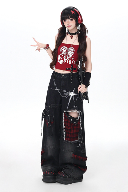 Plaid Patchwork Wide Denim Pants