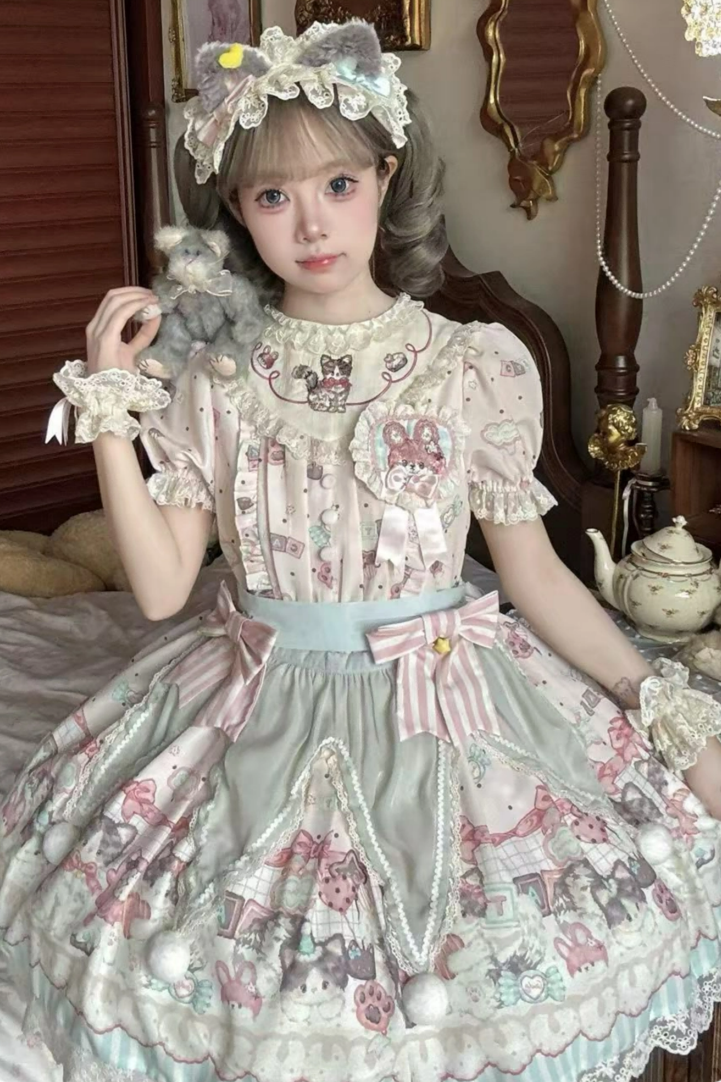 キャビネットロリータジャンパースカート+ドレス+ブローチ+ヘアバンド+ボンネット+エプロン+ハンドスリーブ