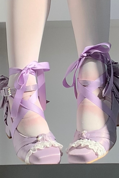 レースアップスクエアトウバレエヒール