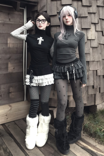 クロスドットタートルネックトップス+スカート+ペンダント