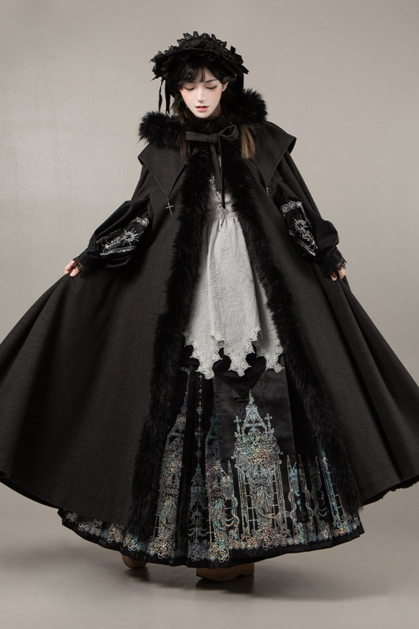 ダークゴシックフリースフードマント