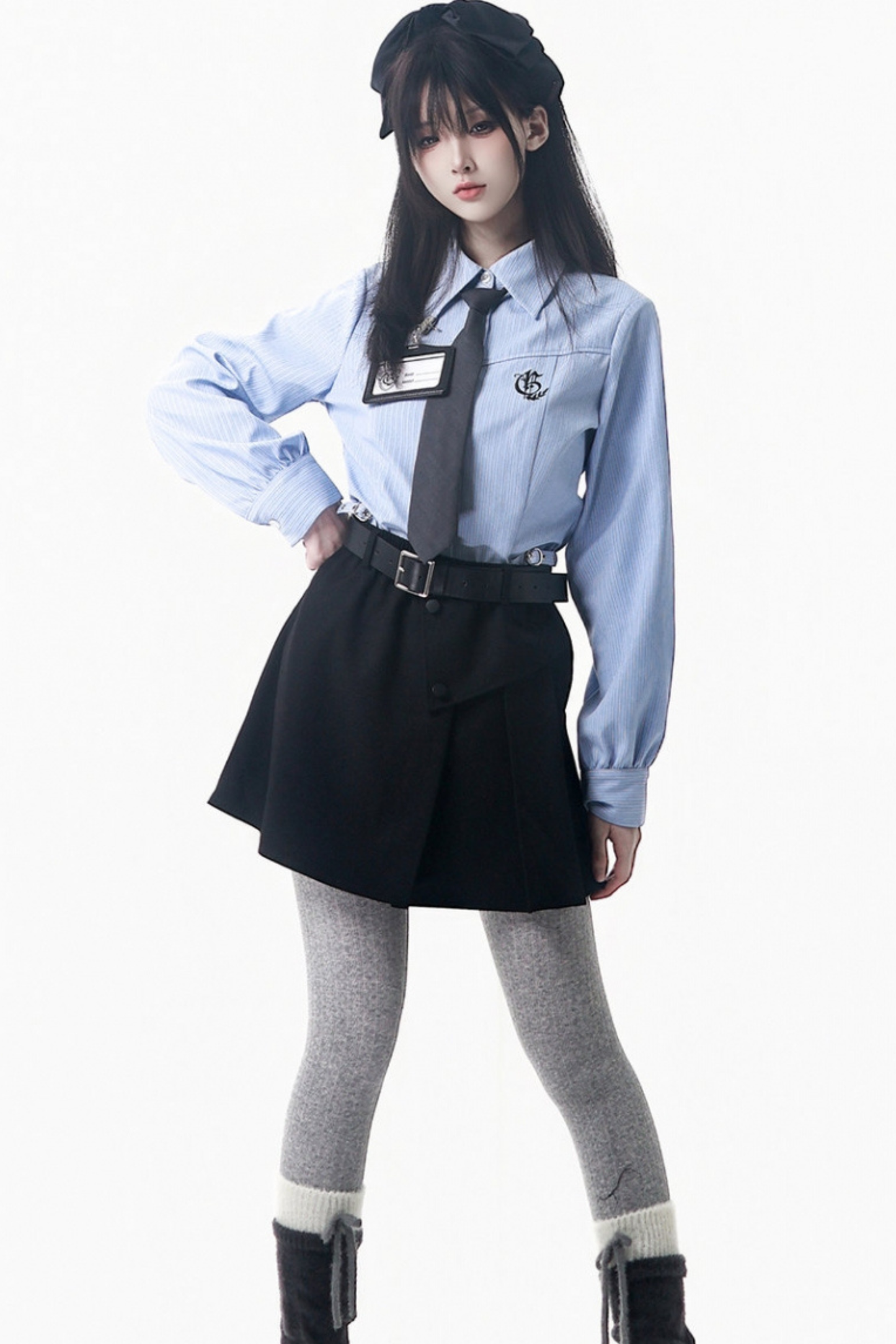 カレッジブルーシャツ+カーディガン+ショートスカート+ロングスカート