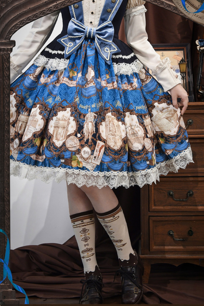 [Reservation Deadline: November 6] Navy Blue/Brown Classic Italian Travel Diary Lolita Vintage Print Bow Bustier JSK Dress with Metal Buttons & Lace Detail