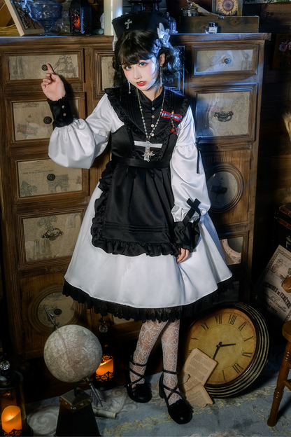 ランタンエンジェルメイドロリータドレス＋エプロン＋つけ襟