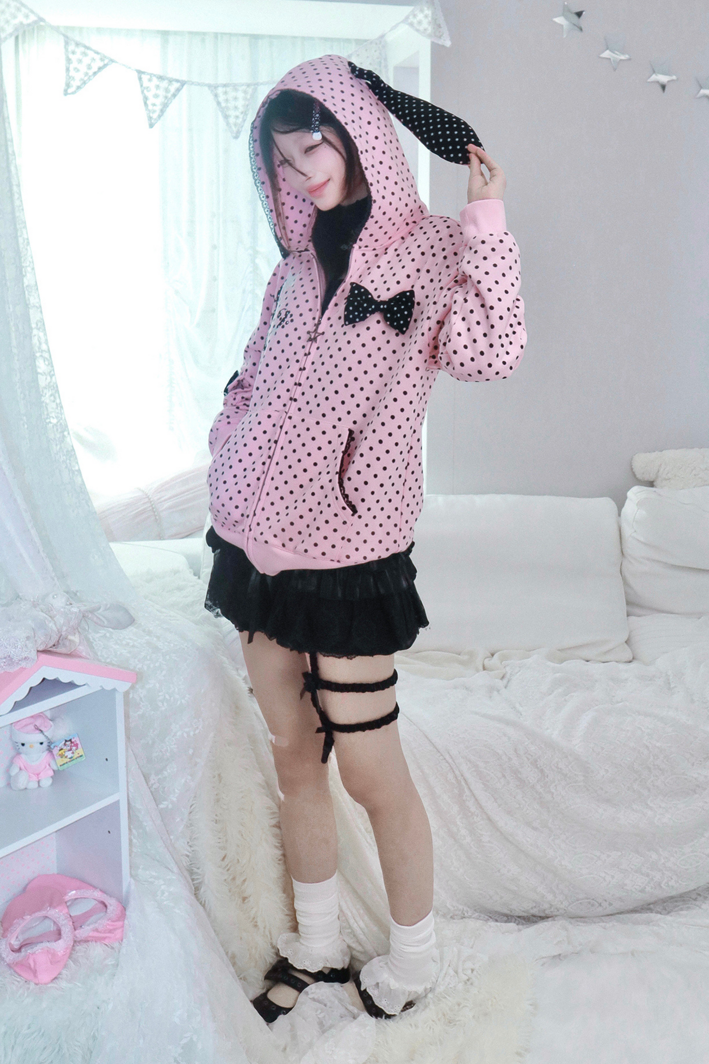 Y2Kガールドットバニーフードパーカー