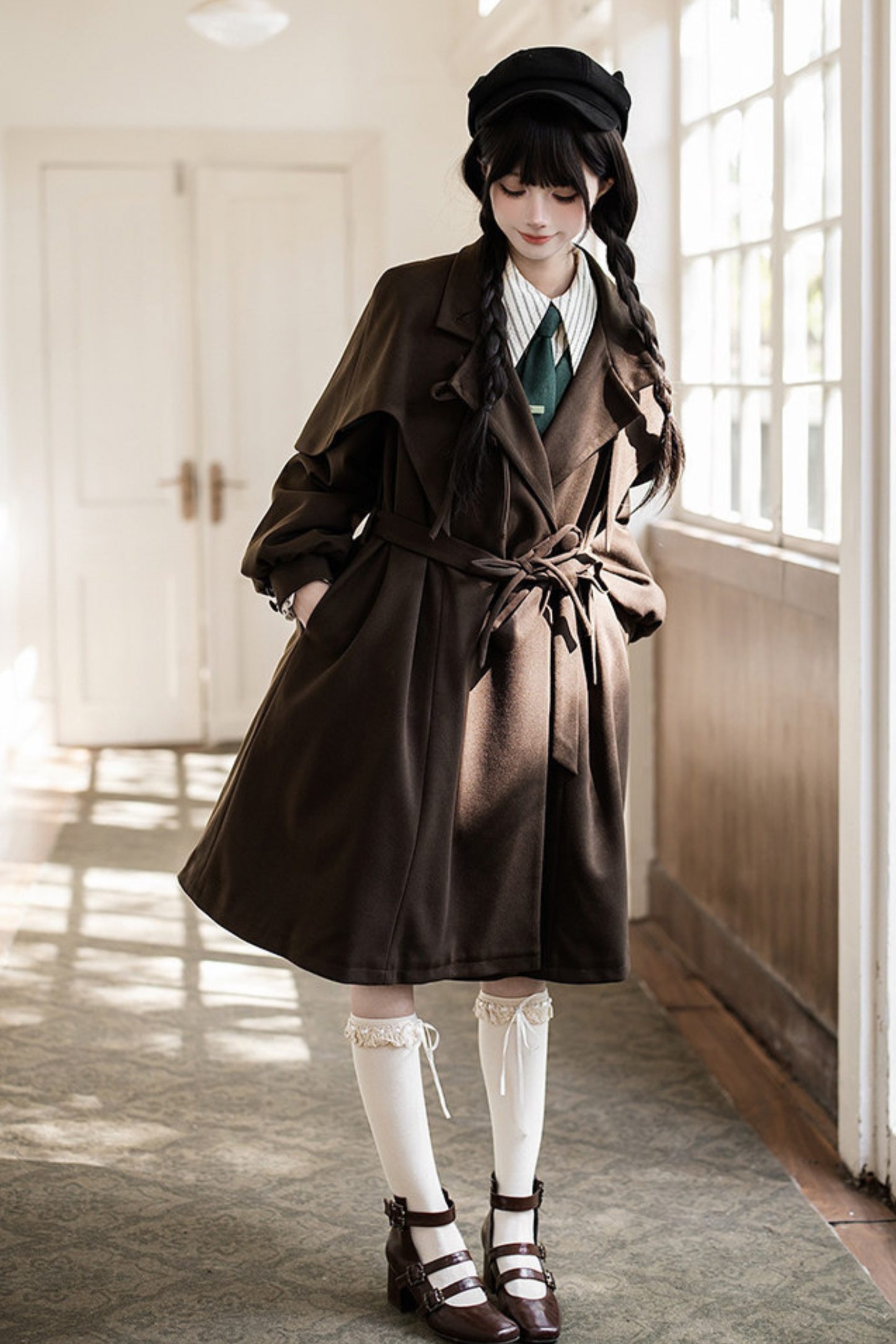 Baker Street Cloak Coat + Striped Dress + Pumpkin Pants + Hat