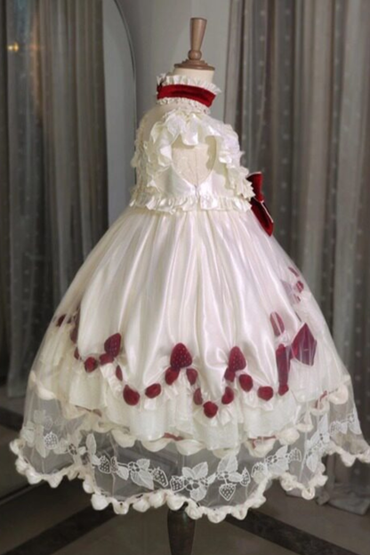 [3월 13일 예약마감] 스트로베리 크림 롤리타 원피스 + 케이크 모자 + 꼬리 + 보닛 + 페티코트