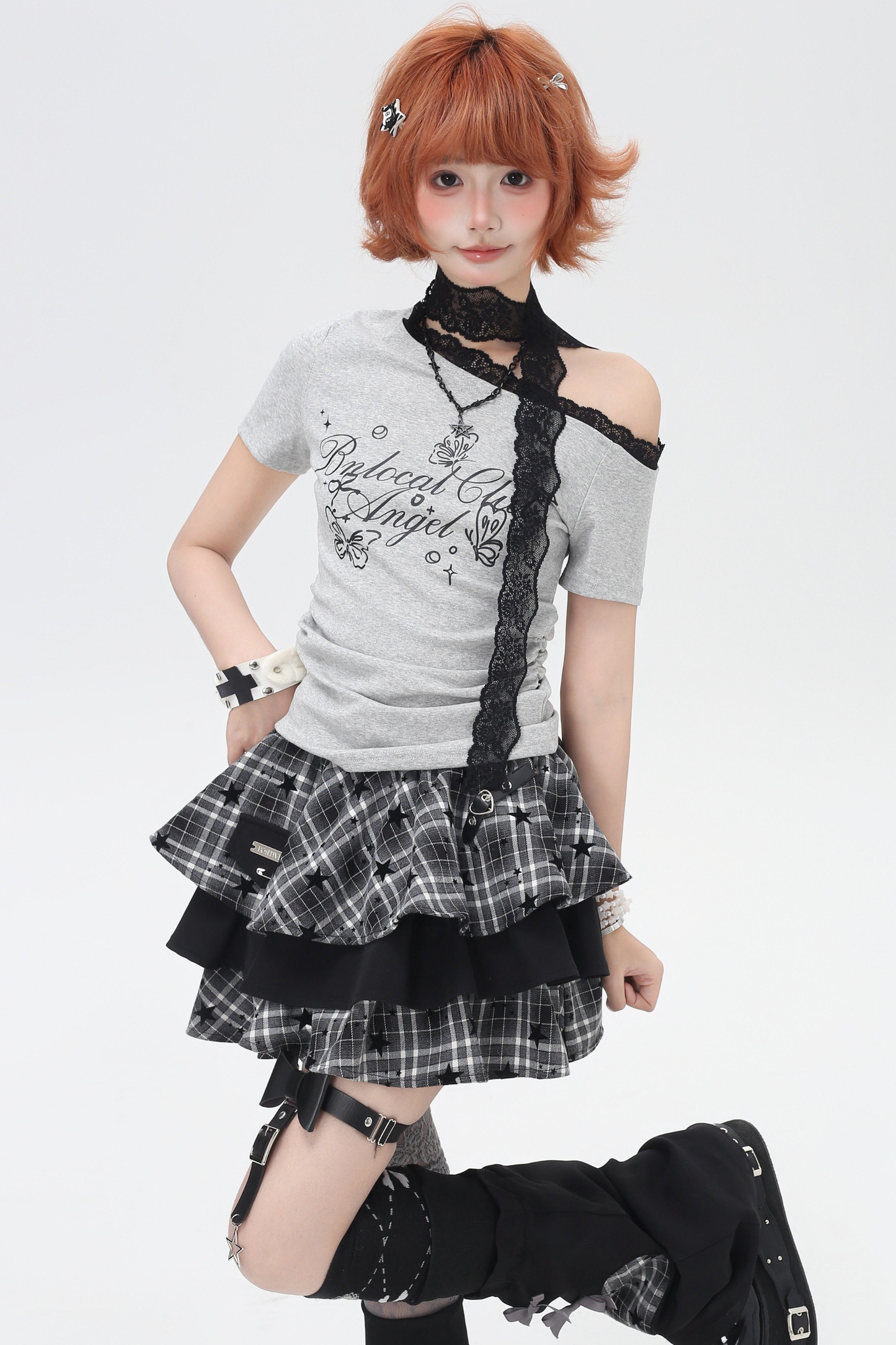 レースデザインワンショルダースリムトップス