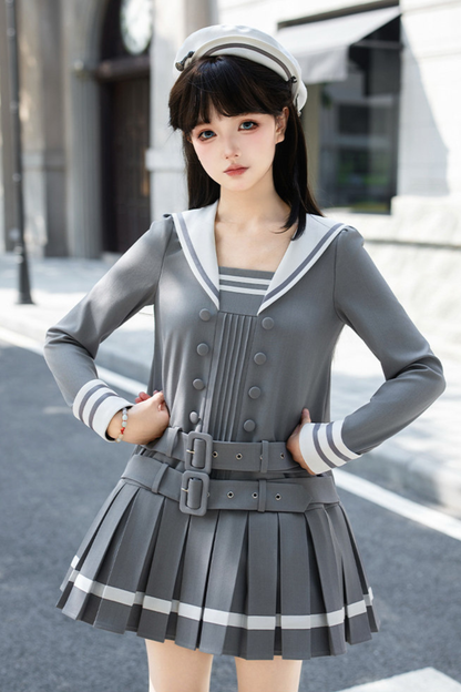 Robe collège plissée à col marin + Ruban + Chapeau