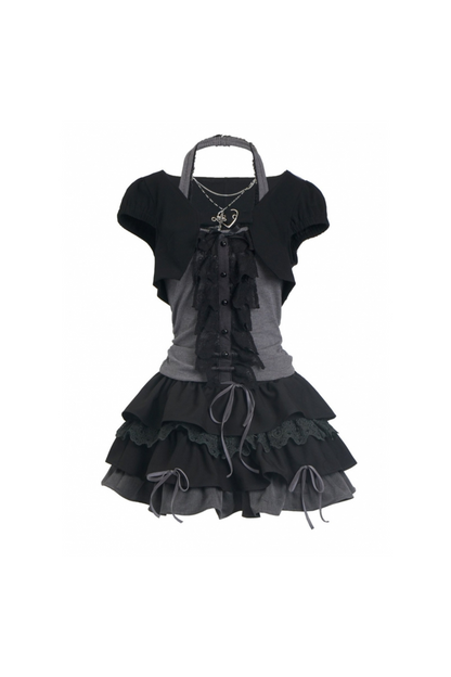 ヴィンテージショートカーディガン＋レースホルターネックトップス＋スカート