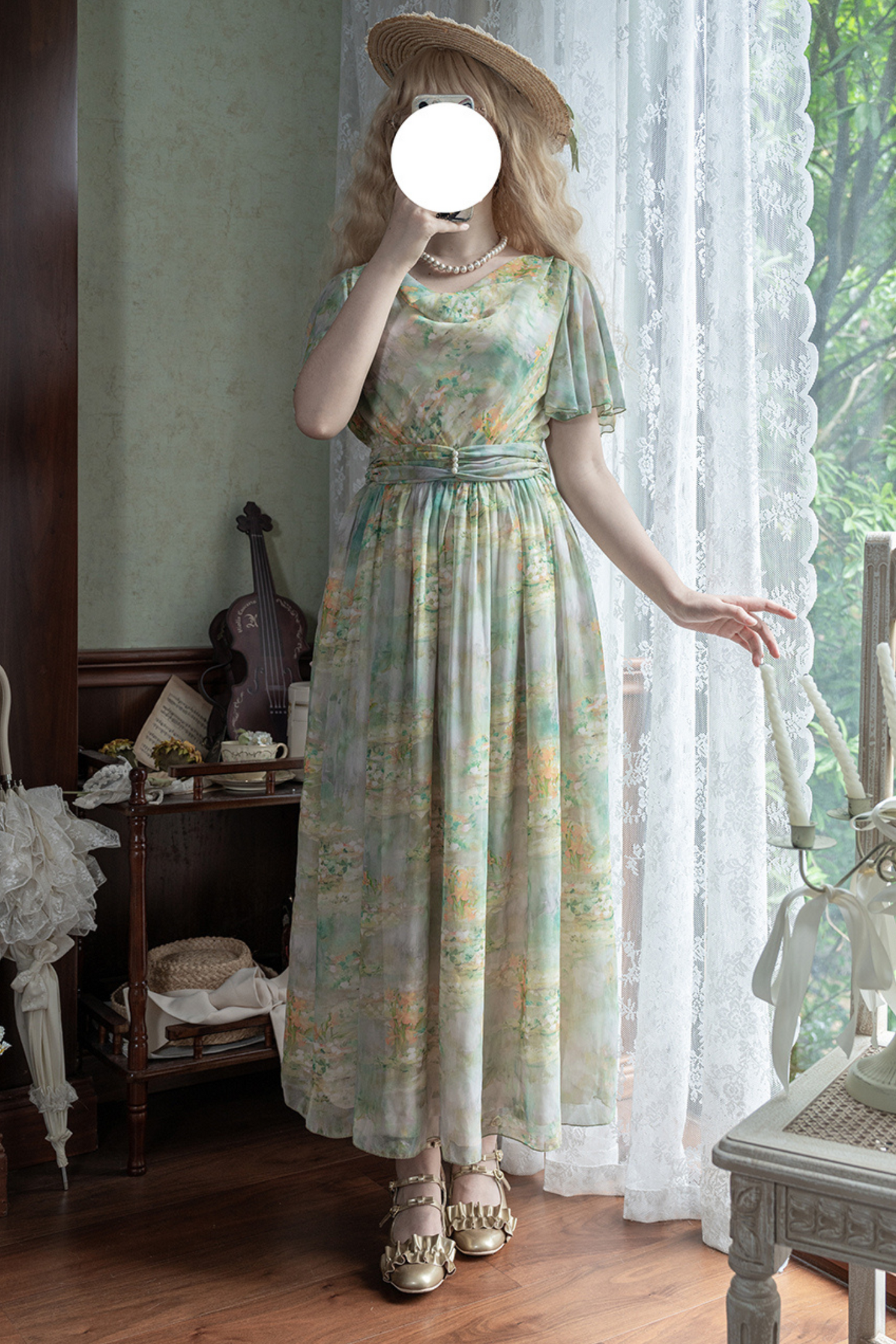 マーブルリゾートシフォンプリントドレス