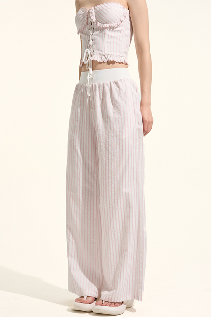 ストライプシャツ+ルーズパンツ+バンドゥ