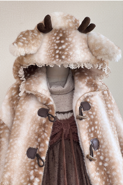 鹿柄フード付きホーンバックルファーコート