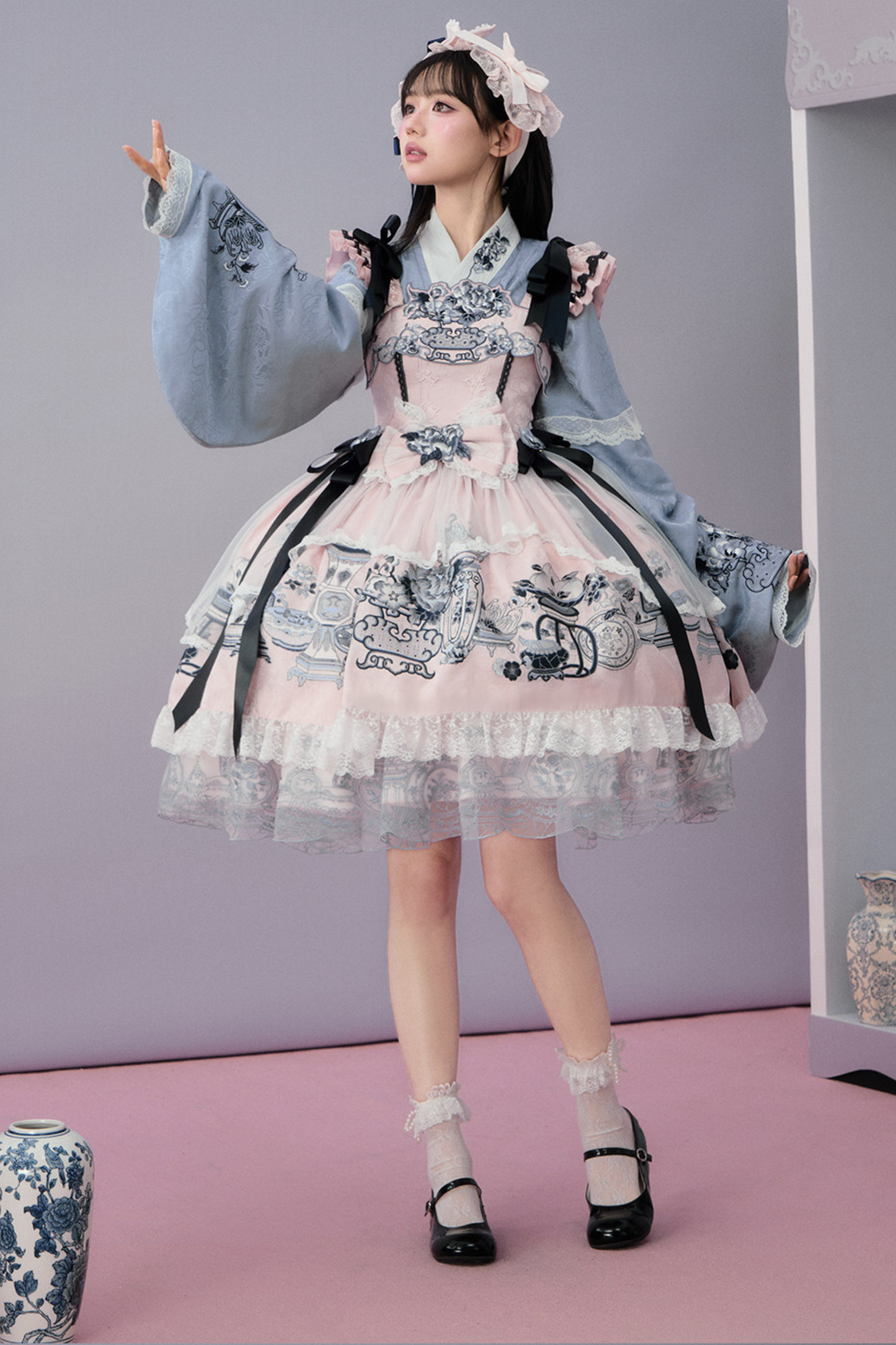 중국 디자인 플라잉 슬리브 로리타 원피스 + 리본