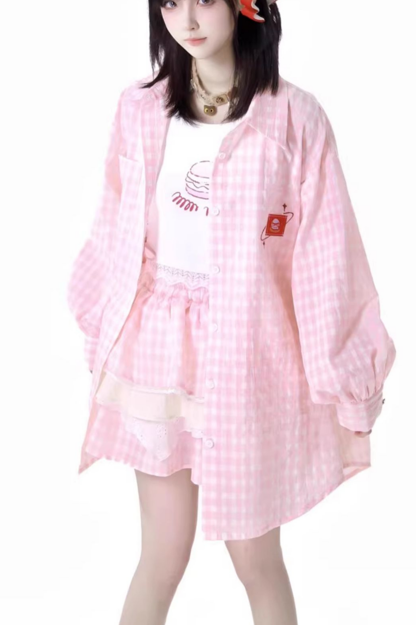 オーバーシャツ＋ノースリーブトップス＋ケーキスカート