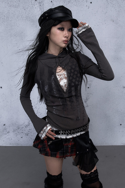 레이스 패치워크 타이트 후드 파커